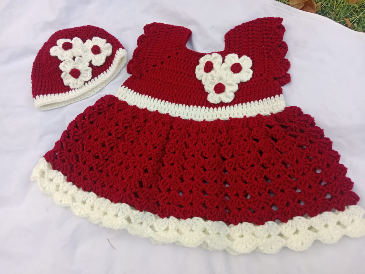 Handmade Crochet Baby Girl Dress Set with Hat & Bow Shoes