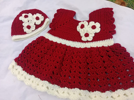 Handmade Crochet Baby Girl Dress Set with Hat & Bow Shoes