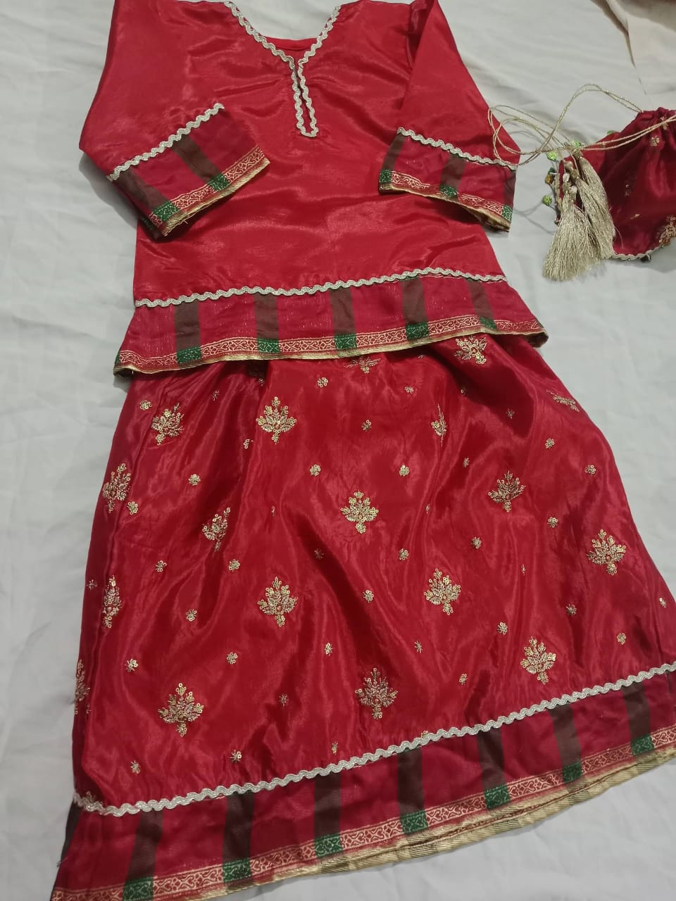 Royal Red Kids Embroidered Festive Dress (3-Piece Set with Matching Potli Bag)