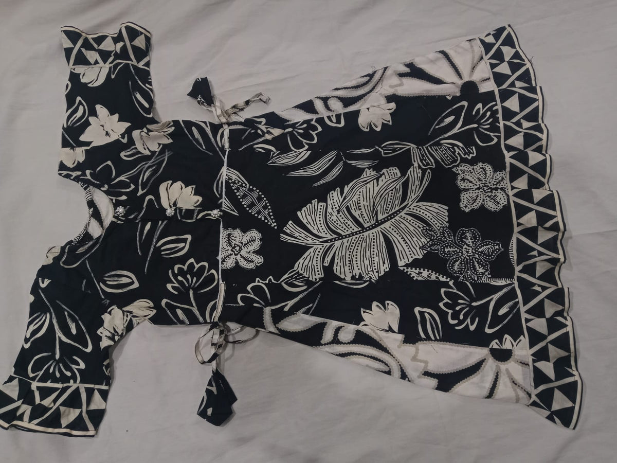 Girls Black & Cream Floral Printed Frock with Black Trouser & Purse