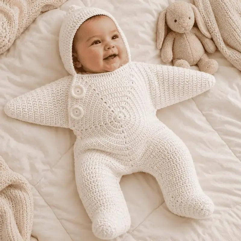 Handmade Crochet Star-Shaped Newborn Swaddle Blanket with Hood