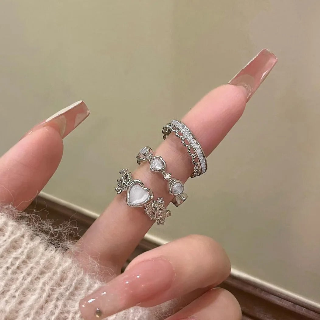 2Pcs Crystal Crown & Chevron Adjustable Ring Set - Silver Vintage Jewelry