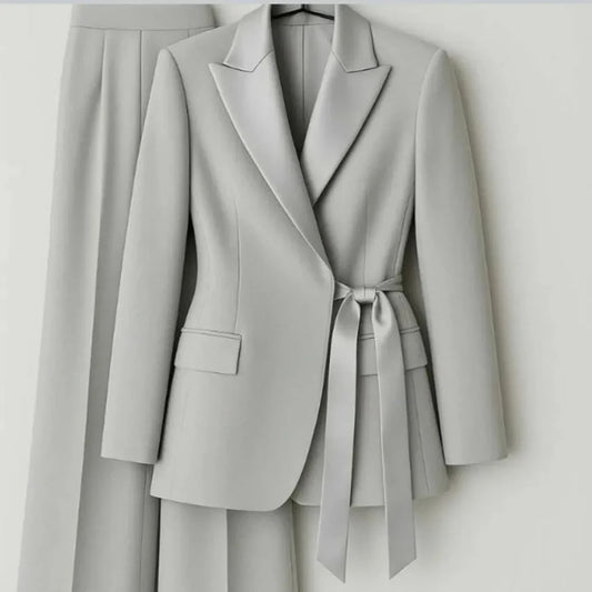 Elegant 2-Piece Office Lady Blazer & Pants Set with Belt – Formal Women's Suit