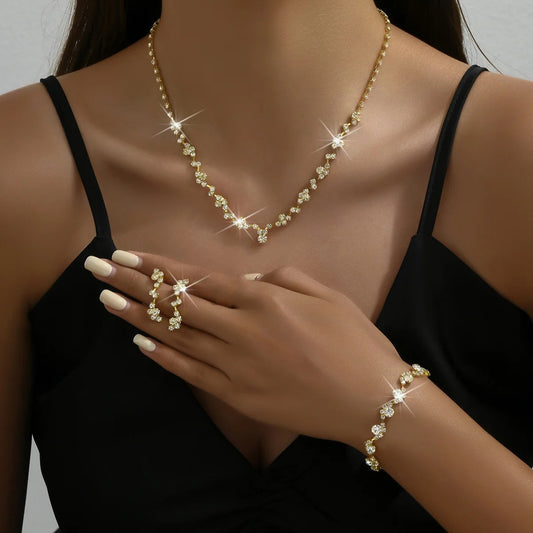 Elegant 4-Piece Golden Floral Jewelry Set - Necklace, Bracelet, Ring & Earrings