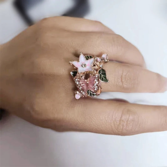 Exquisite Floral & Butterfly Zircon Statement Ring for Women