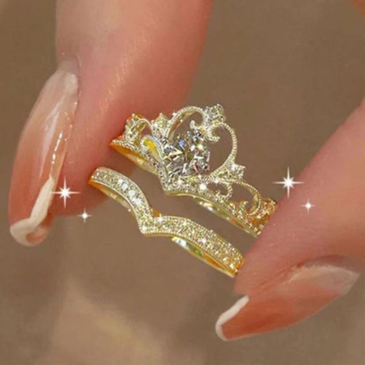 2Pcs Crystal Crown & Chevron Adjustable Ring Set - Silver Vintage Jewelry