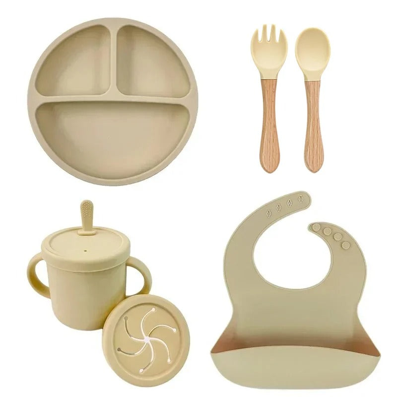 Premium 6-Piece Silicone Baby Feeding Set – Non-Slip Suction Bowl, Divided Plate, Straw Cup, Bib & Cutlery