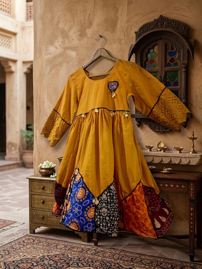 Premium Mustard Patchwork Frock Set (2-Piece)