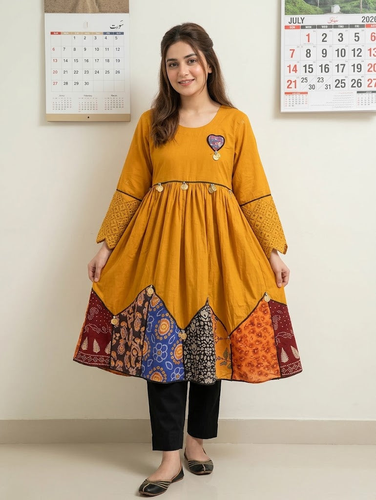 Premium Mustard Patchwork Frock Set (2-Piece)