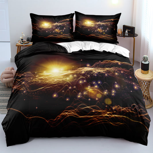 3D Abstract Golden Nebula & Galaxy Bedding Set