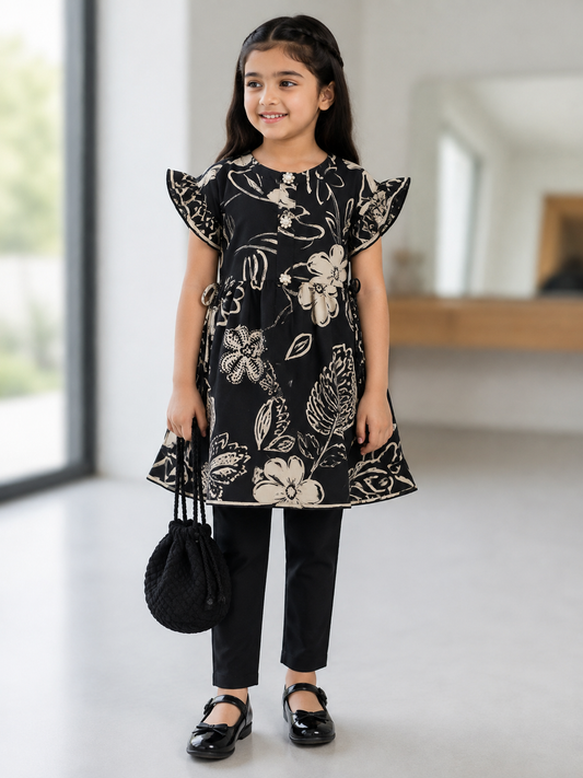 Girls Black & Cream Floral Printed Frock with Black Trouser & Purse