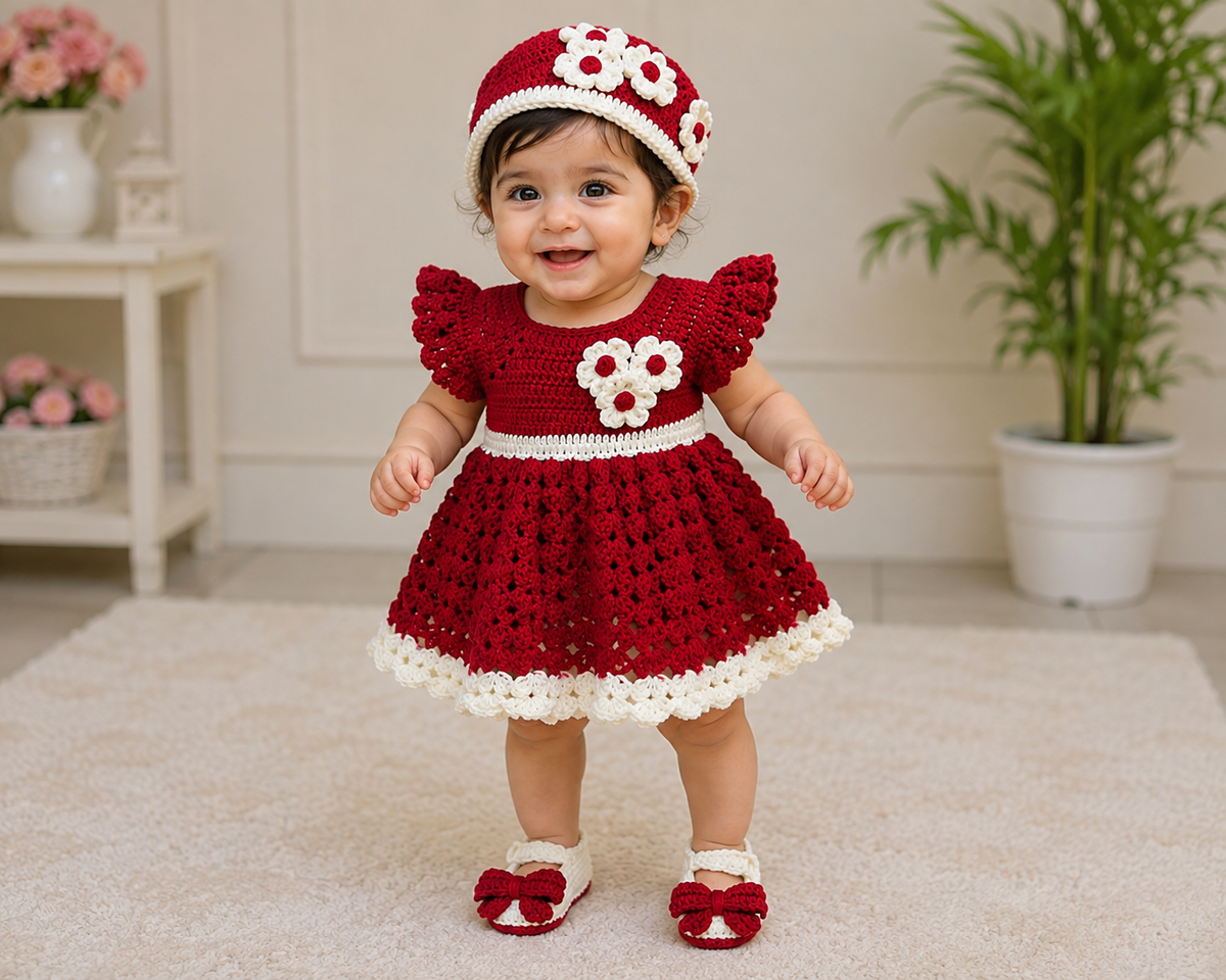 Handmade Crochet Baby Girl Dress Set with Hat & Bow Shoes