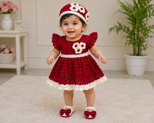Handmade Crochet Baby Girl Dress Set with Hat & Bow Shoes