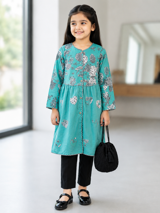 Teal Floral Printed Frock Set with Black Potli Bag & Trouser