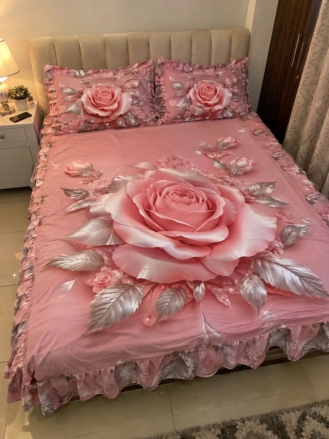 3D Embossed Pink Rose Printed Fitted Bedsheet – Deep Pocket Elastic Mattress Cover