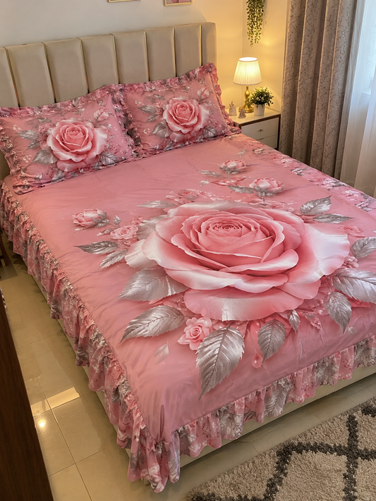 3D Embossed Pink Rose Printed Fitted Bedsheet – Deep Pocket Elastic Mattress Cover