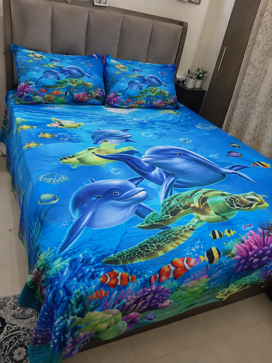 3D Dolphin & Sea Turtle Printed Fitted Bedsheet – Deep Pocket Elastic Mattress Cover