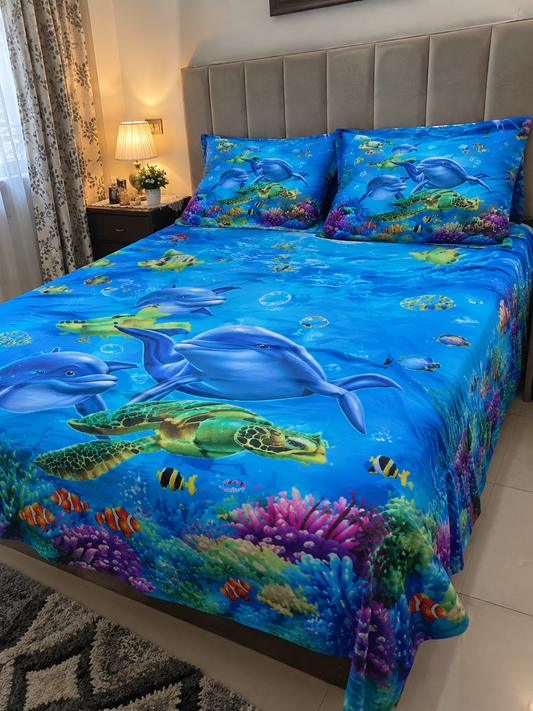 3D Dolphin & Sea Turtle Printed Fitted Bedsheet – Deep Pocket Elastic Mattress Cover