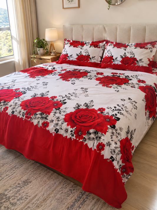 Romantic Red Rose Flower Printed Fitted Bedsheet – Deep Pocket Elastic Mattress Cover