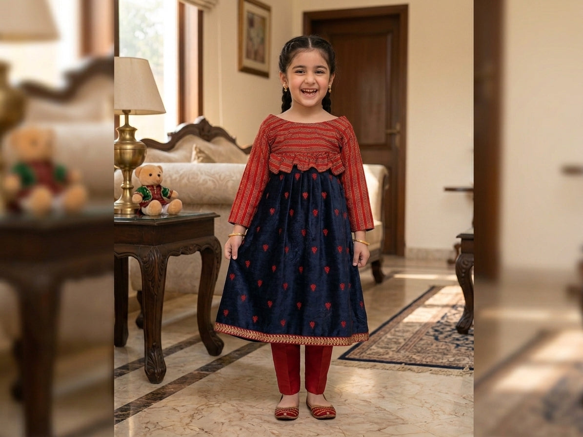 Red & Navy Blue Embroidered Frock Set