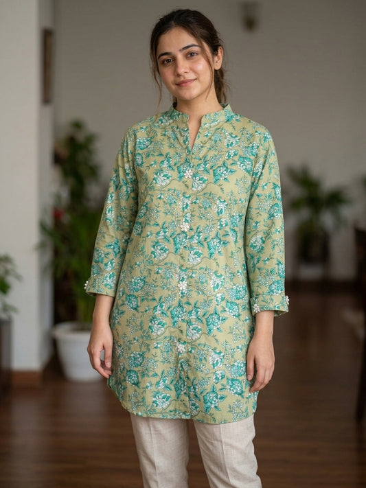 Pistachio Green Floral Printed Cotton Kurti