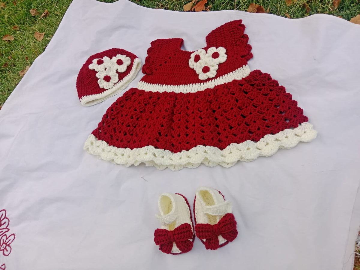 Handmade Crochet Baby Girl Dress Set with Hat & Bow Shoes