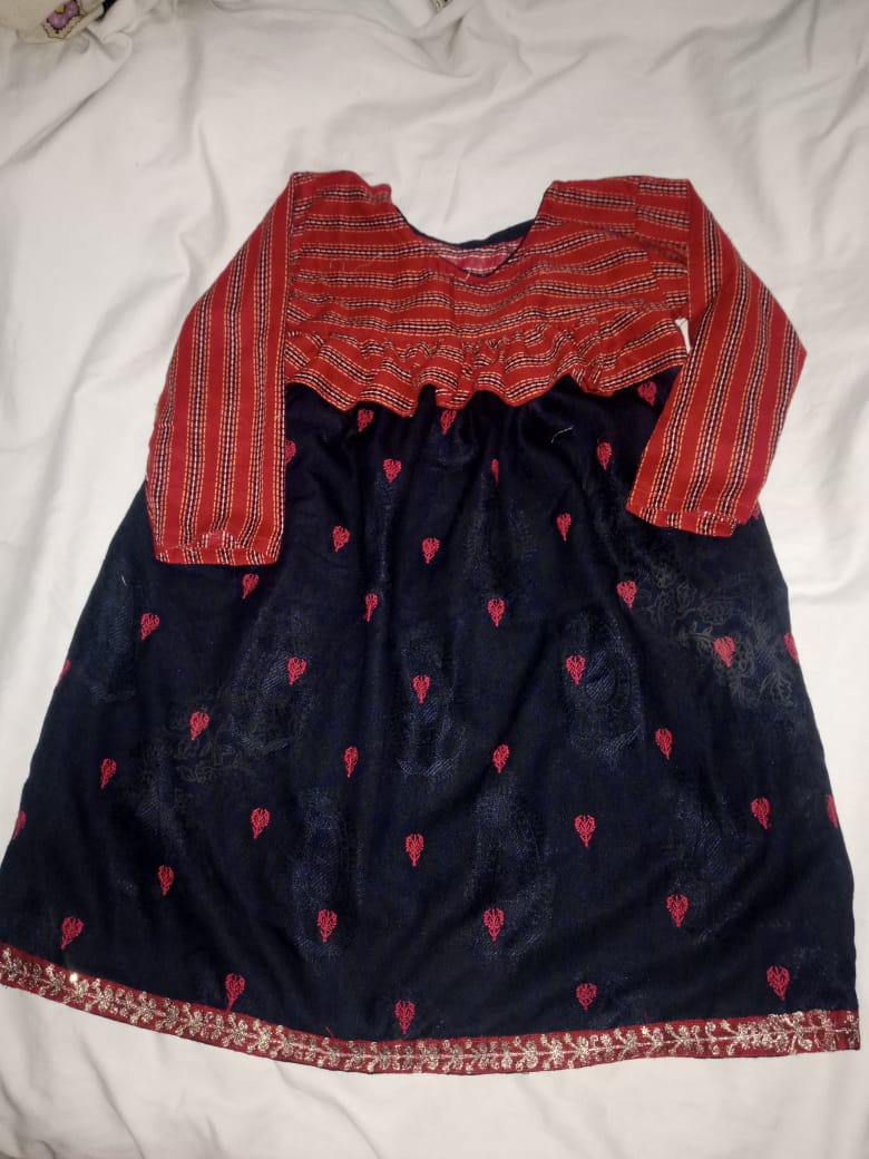 Red & Navy Blue Embroidered Frock Set