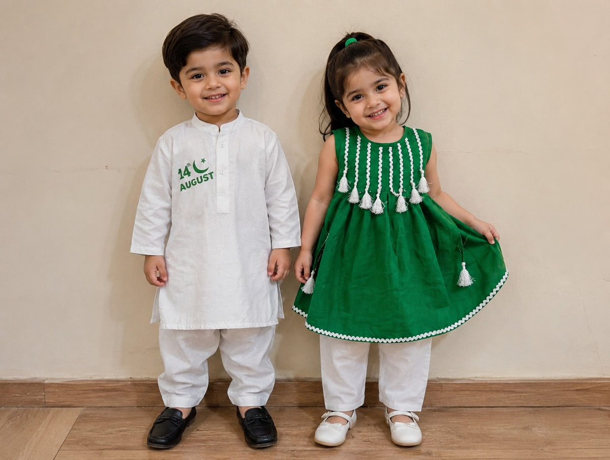14 August Kids Green & White Traditional Pakistani Dress