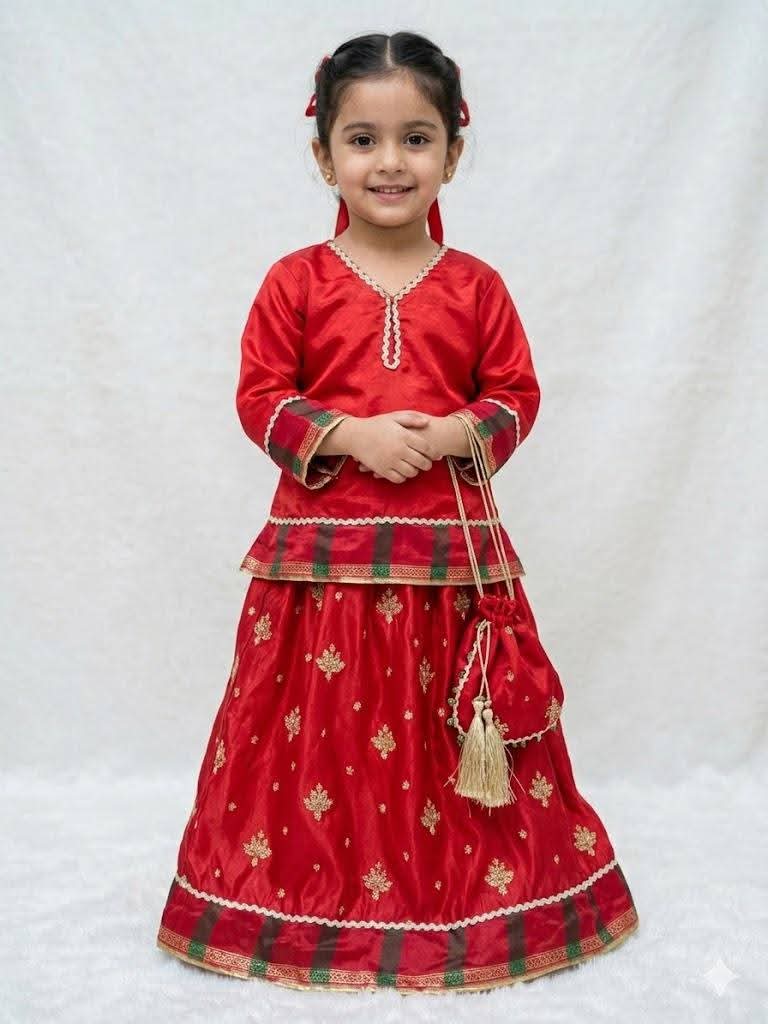 Royal Red Kids Embroidered Festive Dress (3-Piece Set with Matching Potli Bag)