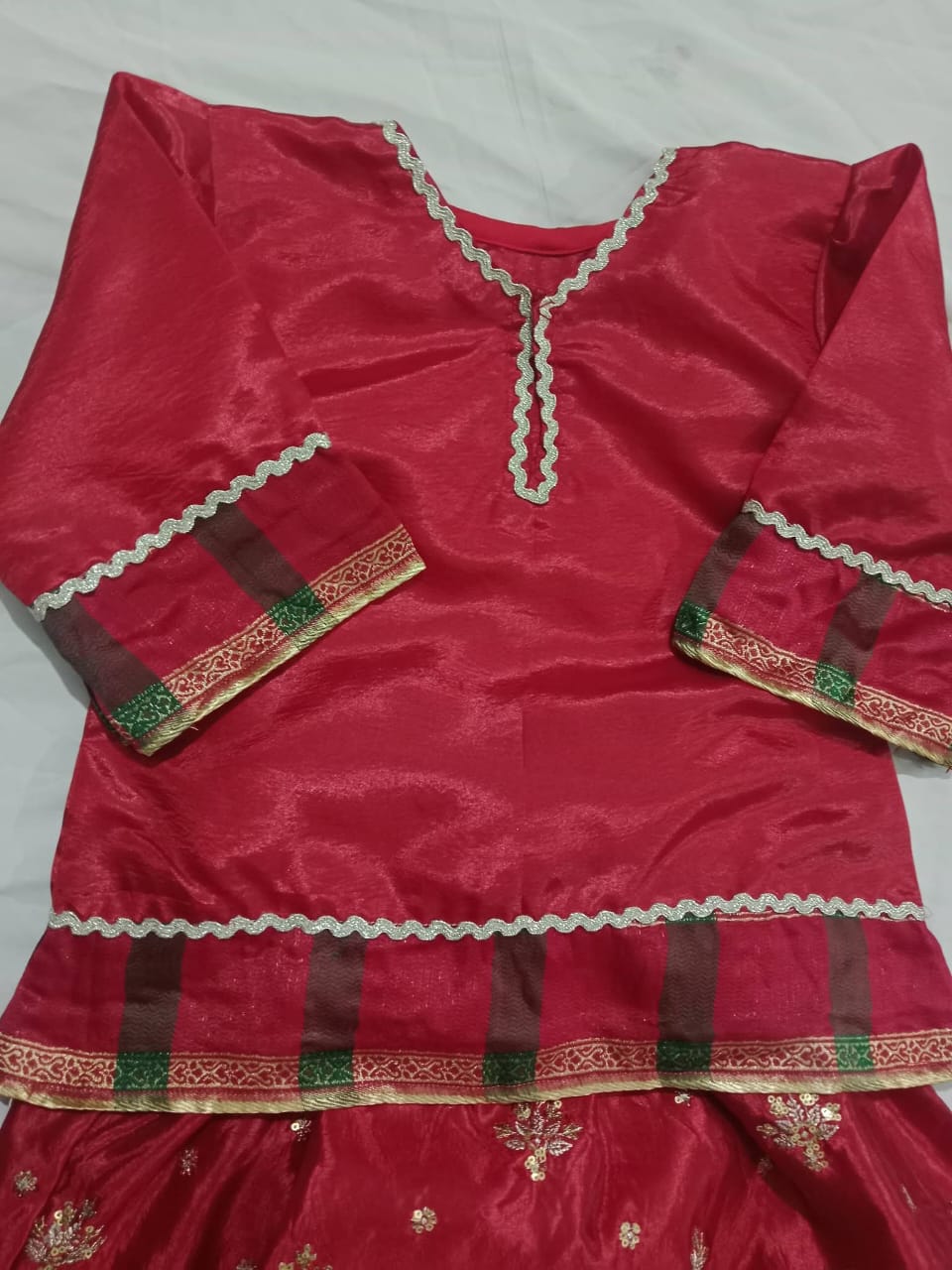 Royal Red Kids Embroidered Festive Dress (3-Piece Set with Matching Potli Bag)