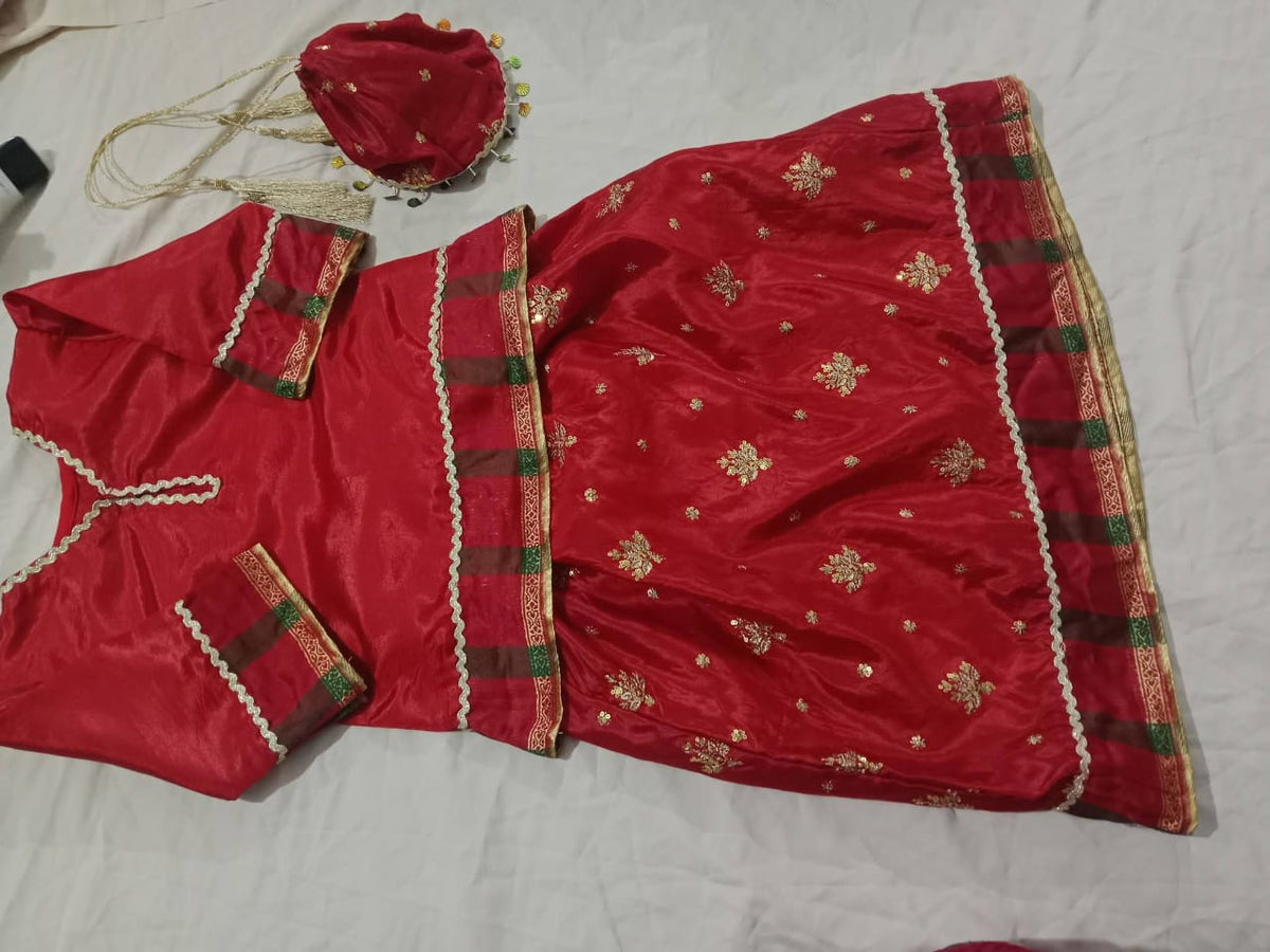 Royal Red Kids Embroidered Festive Dress (3-Piece Set with Matching Potli Bag)