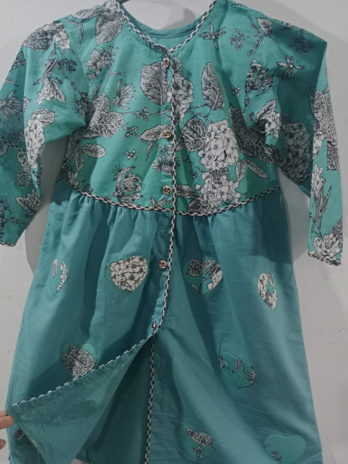 Teal Floral Printed Frock Set with Black Potli Bag & Trouser