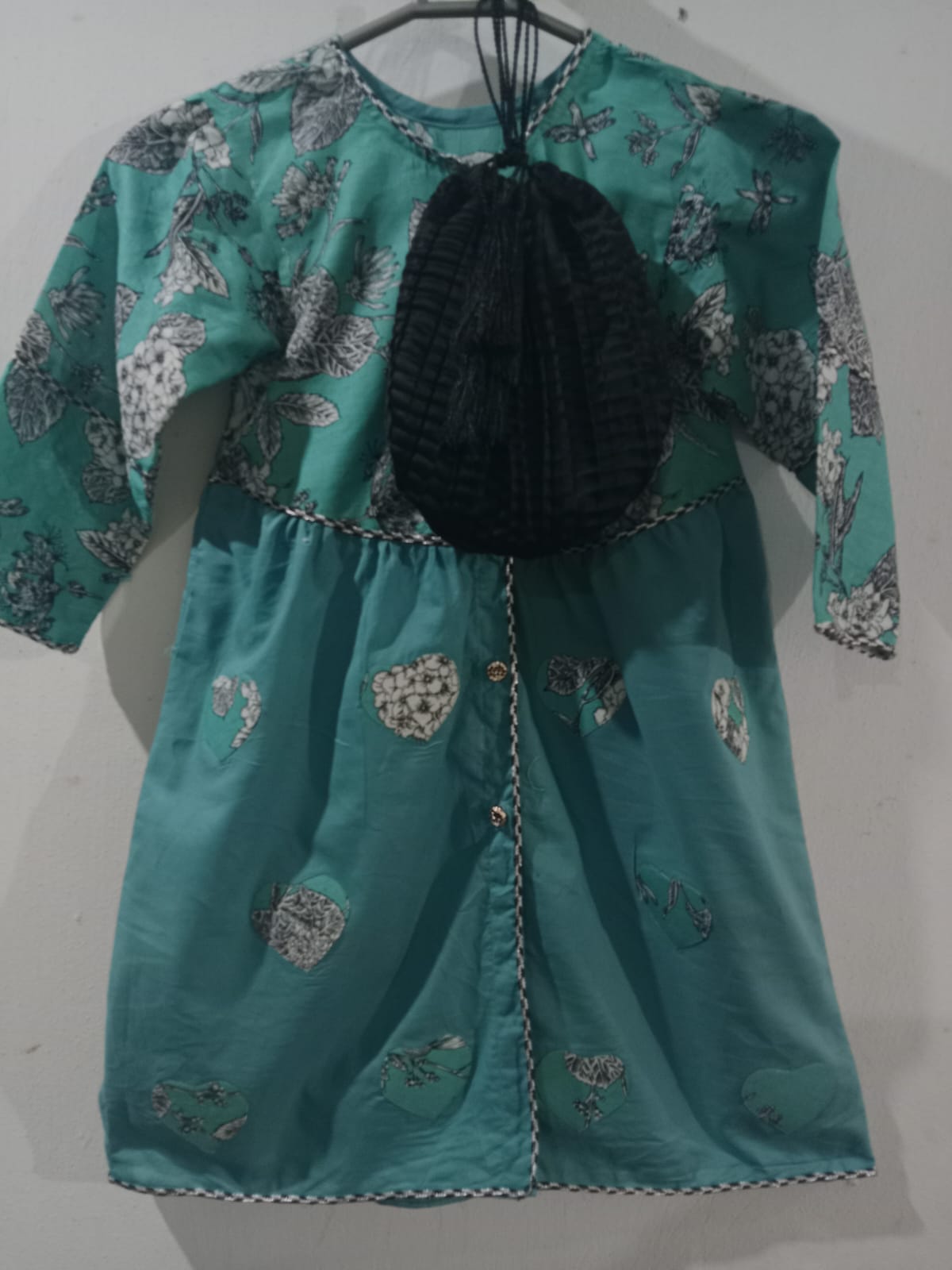 Teal Floral Printed Frock Set with Black Potli Bag & Trouser
