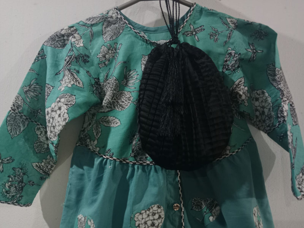 Teal Floral Printed Frock Set with Black Potli Bag & Trouser