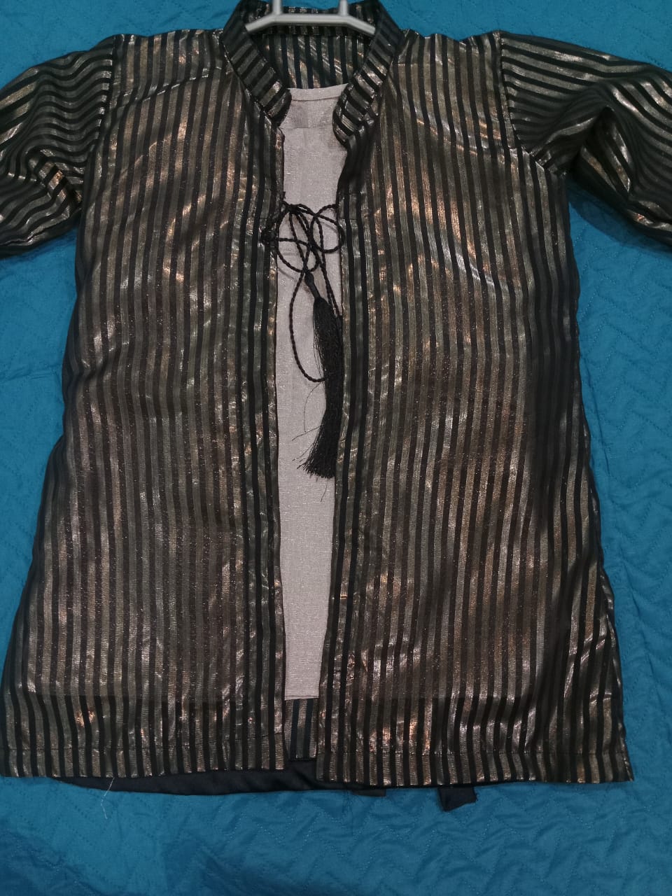 Black & Gold Striped Jacket with Inner Shirt and Flared Sharara Set for Girls