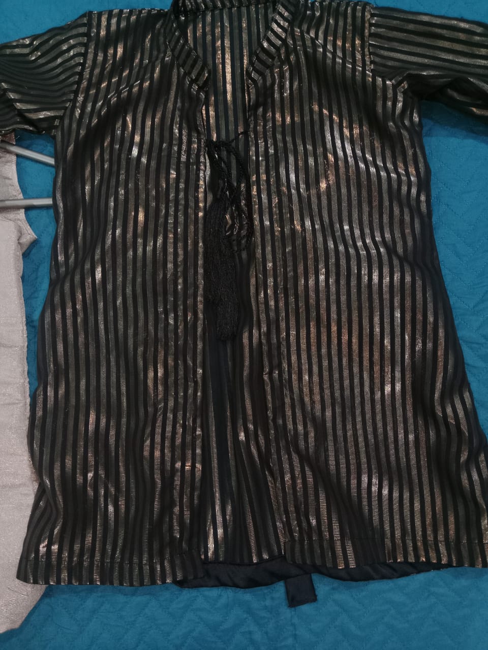Black & Gold Striped Jacket with Inner Shirt and Flared Sharara Set for Girls
