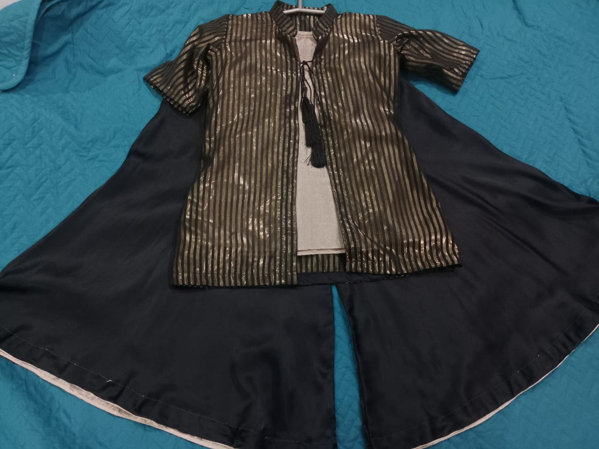 Black & Gold Striped Jacket with Inner Shirt and Flared Sharara Set for Girls
