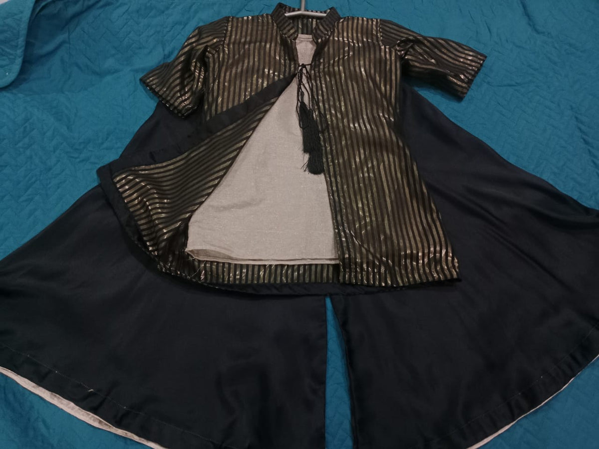Black & Gold Striped Jacket with Inner Shirt and Flared Sharara Set for Girls