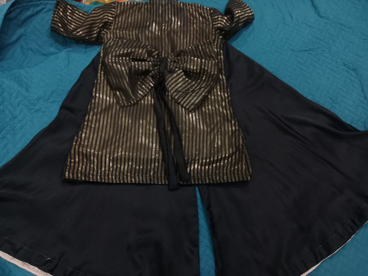 Black & Gold Striped Jacket with Inner Shirt and Flared Sharara Set for Girls