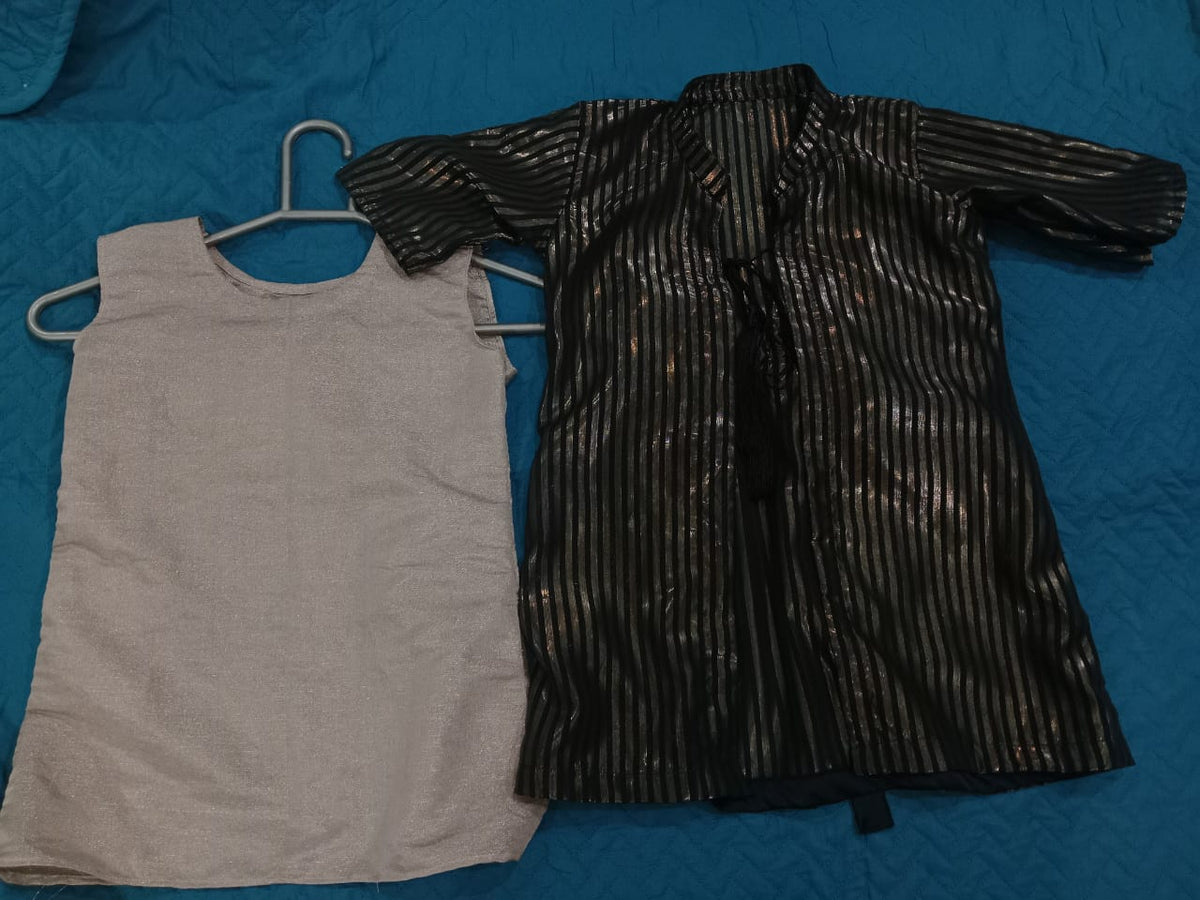 Black & Gold Striped Jacket with Inner Shirt and Flared Sharara Set for Girls