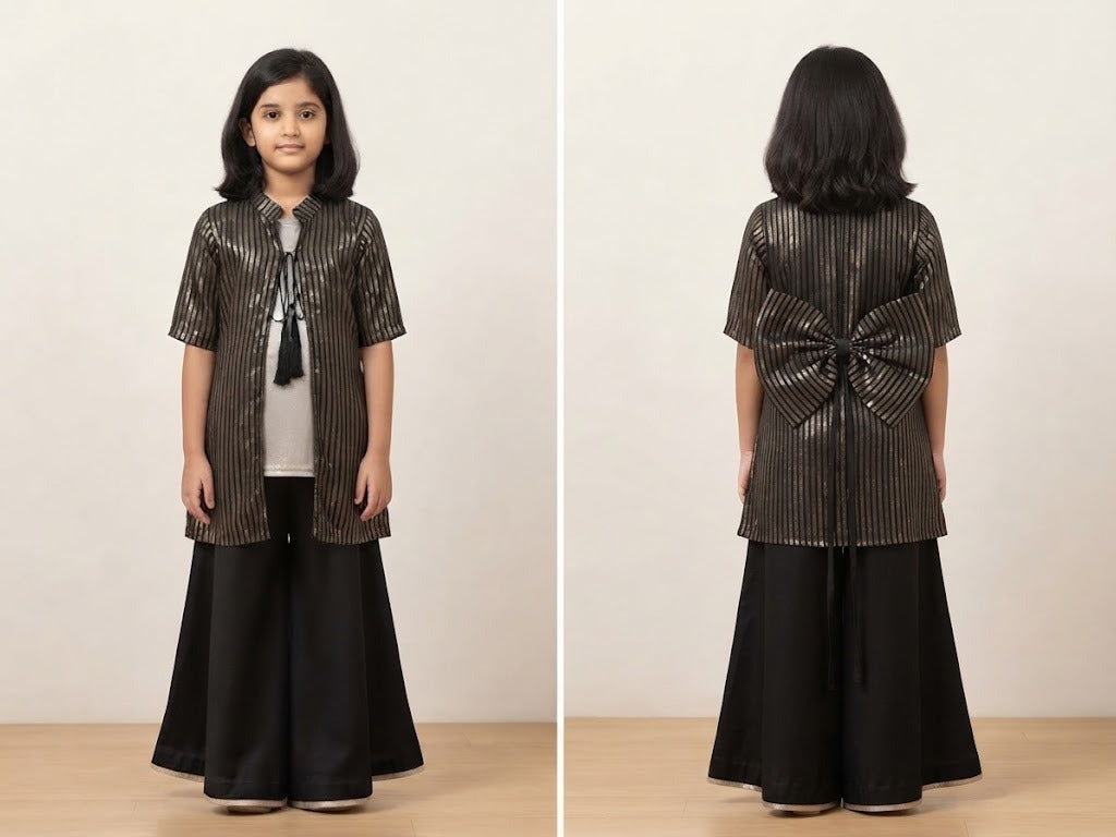Black & Gold Striped Jacket with Inner Shirt and Flared Sharara Set for Girls