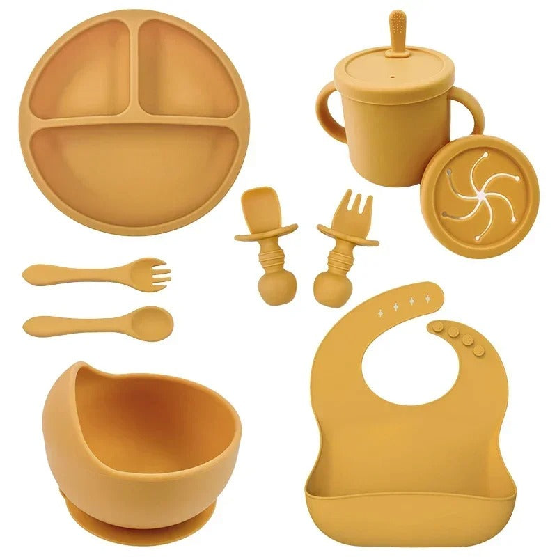 Premium 6-Piece Silicone Baby Feeding Set – Non-Slip Suction Bowl, Divided Plate, Straw Cup, Bib & Cutlery