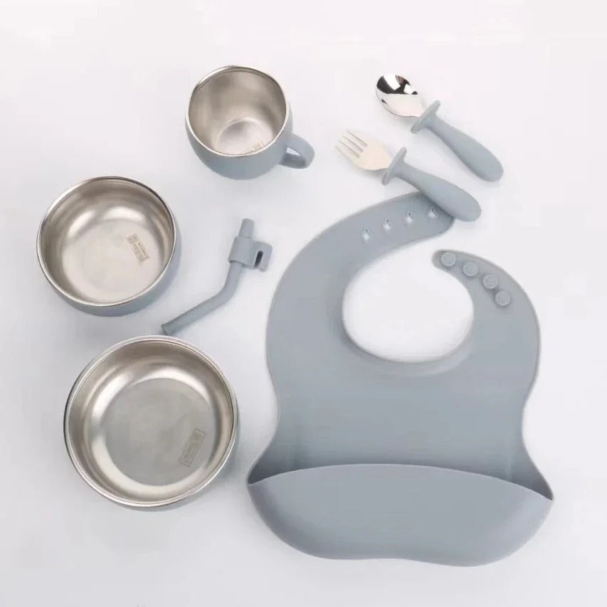 Premium Silicone Baby Feeding Set – Non-Slip Suction Bowl, Divided Plate, Bib & Cutlery Set