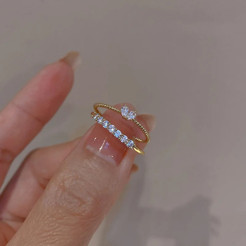2Pcs Crystal Crown & Chevron Adjustable Ring Set - Silver Vintage Jewelry