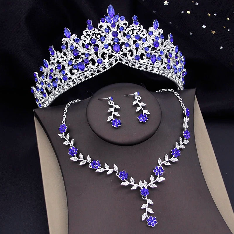 Royal Blue Baroque Crystal Bridal Crown & Jewelry Set (3 Pcs)