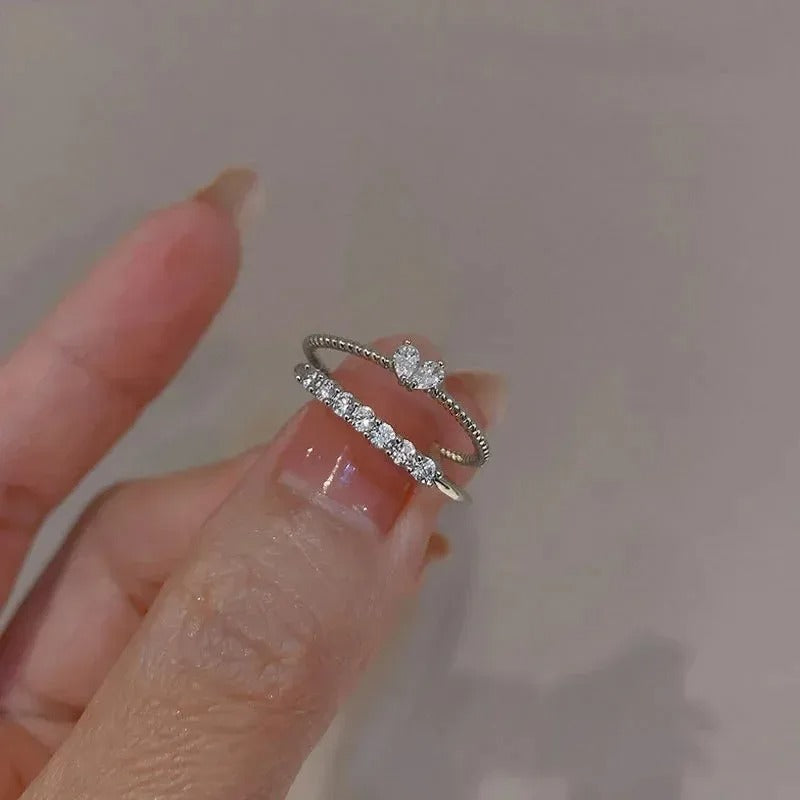 2Pcs Crystal Crown & Chevron Adjustable Ring Set - Silver Vintage Jewelry