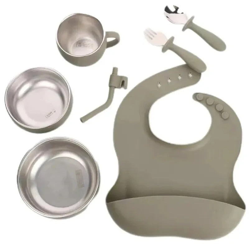 Premium Silicone Baby Feeding Set – Non-Slip Suction Bowl, Divided Plate, Bib & Cutlery Set