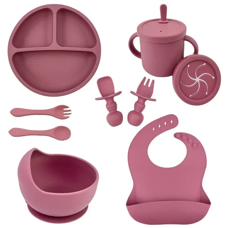 Premium 6-Piece Silicone Baby Feeding Set – Non-Slip Suction Bowl, Divided Plate, Straw Cup, Bib & Cutlery