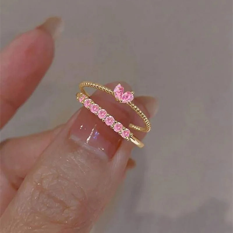 2Pcs Crystal Crown & Chevron Adjustable Ring Set - Silver Vintage Jewelry