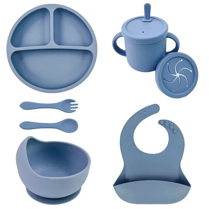 Premium 6-Piece Silicone Baby Feeding Set – Non-Slip Suction Bowl, Divided Plate, Straw Cup, Bib & Cutlery